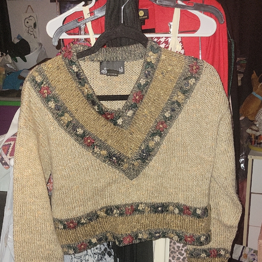 Elegant Beige and Black V-Neck Sweater